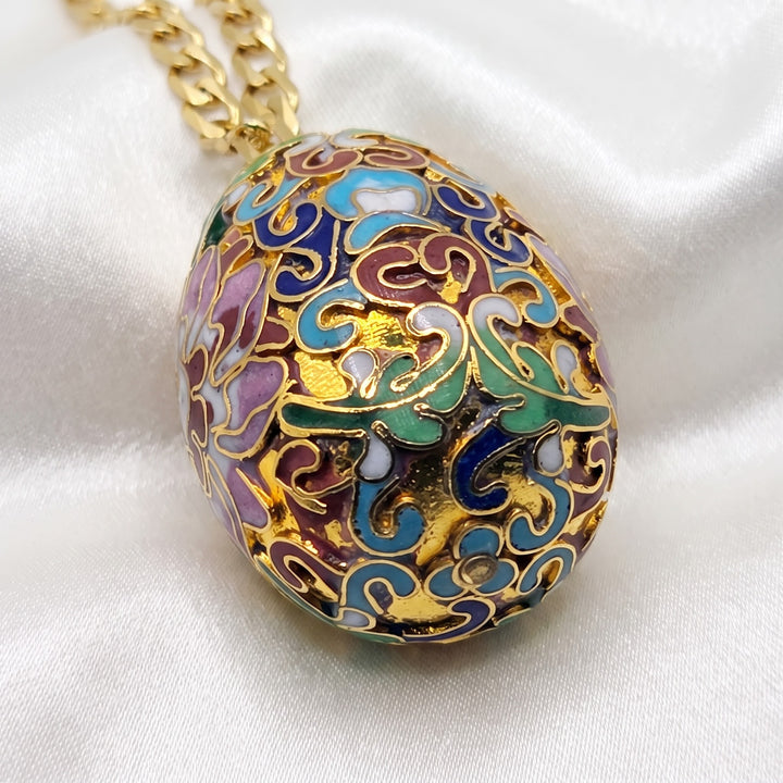 14K Gold Cuban Link Necklace w/ Cloisonne Egg Pendant