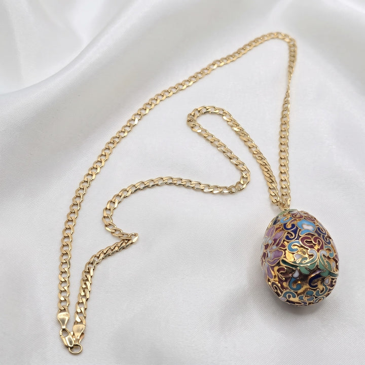 14K Gold Cuban Link Necklace w/ Cloisonne Egg Pendant