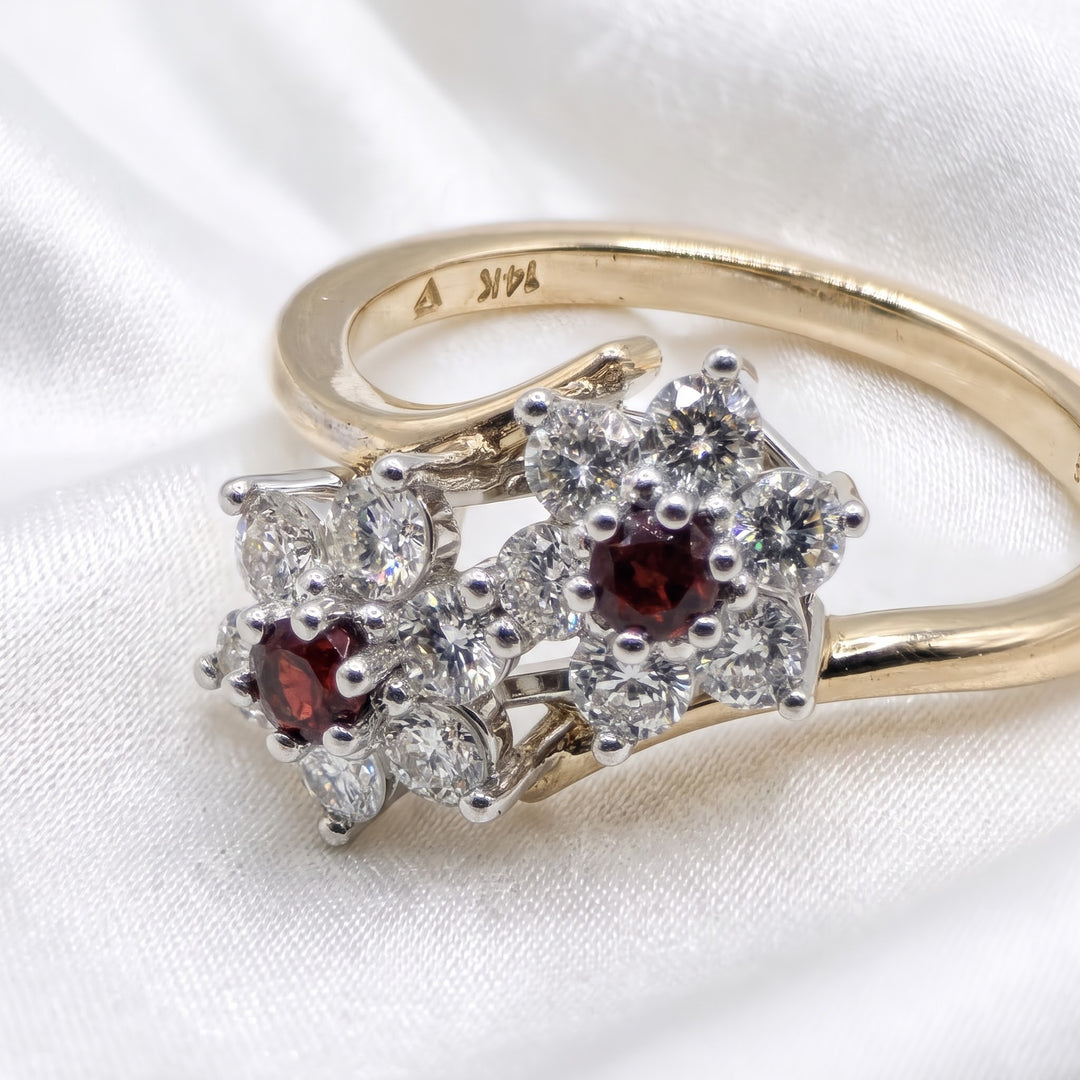 14K Gold, Garnet & Diamond Cluster Cocktail Ring