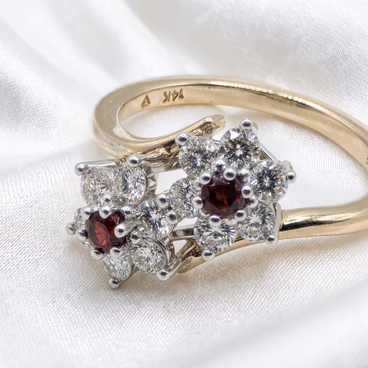 14K Gold, Garnet & Diamond Cluster Cocktail Ring