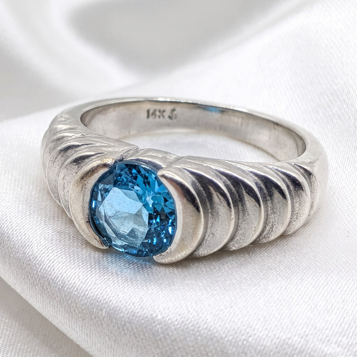 14K Gold & Rich Blue Topaz Art Deco Cocktail Ring