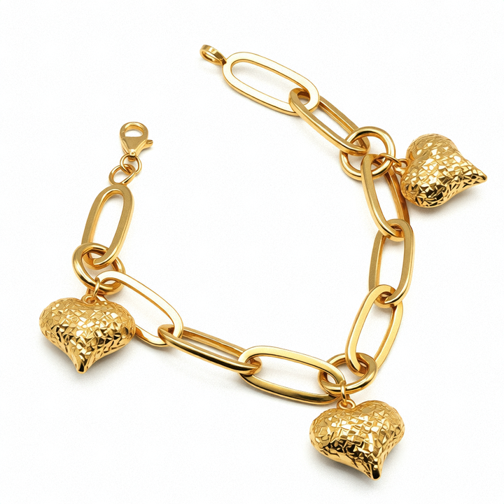 18K Gold Long Link & 3D Hearts Bracelet