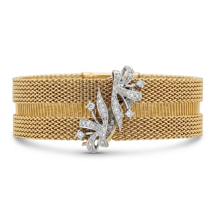 Gold and Diamond Double Weave Oscar Party Bracelet - Estate Jewelry Priced Right