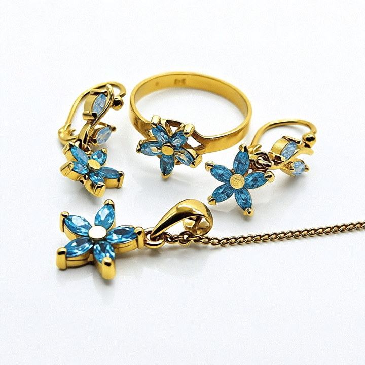 18K & 14K Gold & Colored Quartz Ring, Necklace & Earrings Set