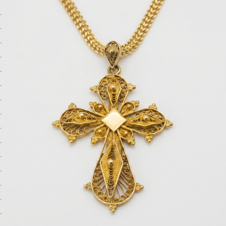 18K Gold Deeply Detailed Filigree Cross Necklace