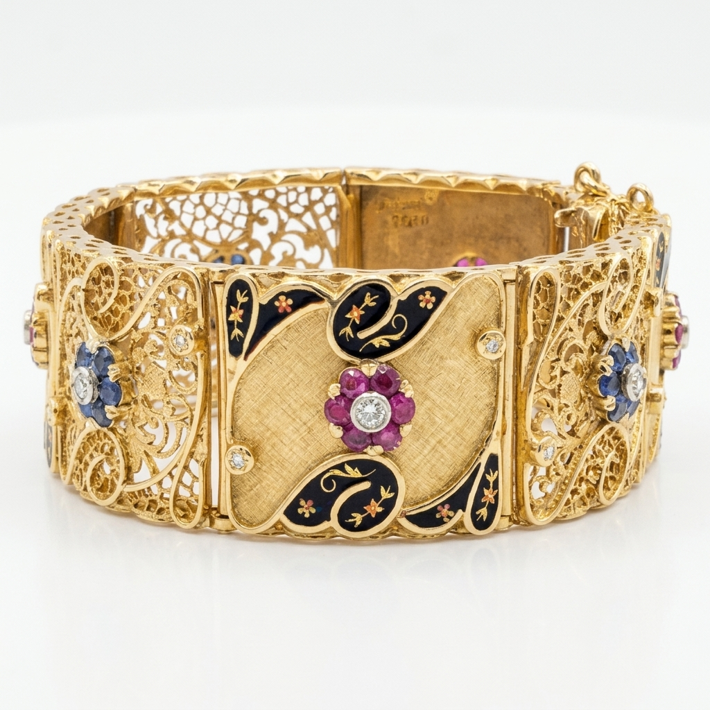 Gold, Diamond, Ruby & Sapphire Statement Bracelet - Estate Jewelry Priced Right