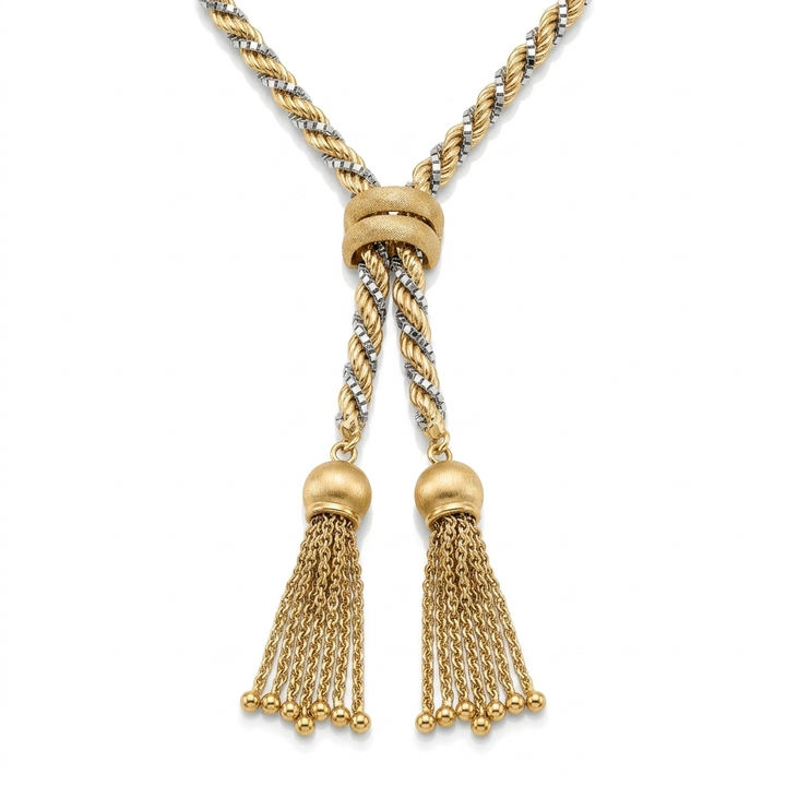 18K Gold Twisted Rope & Box Link Tassel Necklace