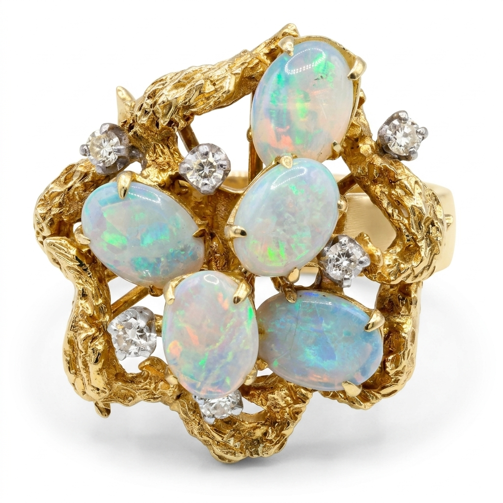 Gold, Opal & Diamond Rough Nugget Cluster Ring - Estate Jewelry Priced Right