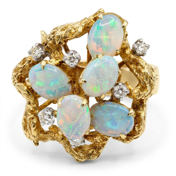 Gold, Opal & Diamond Rough Nugget Cluster Ring - Estate Jewelry Priced Right