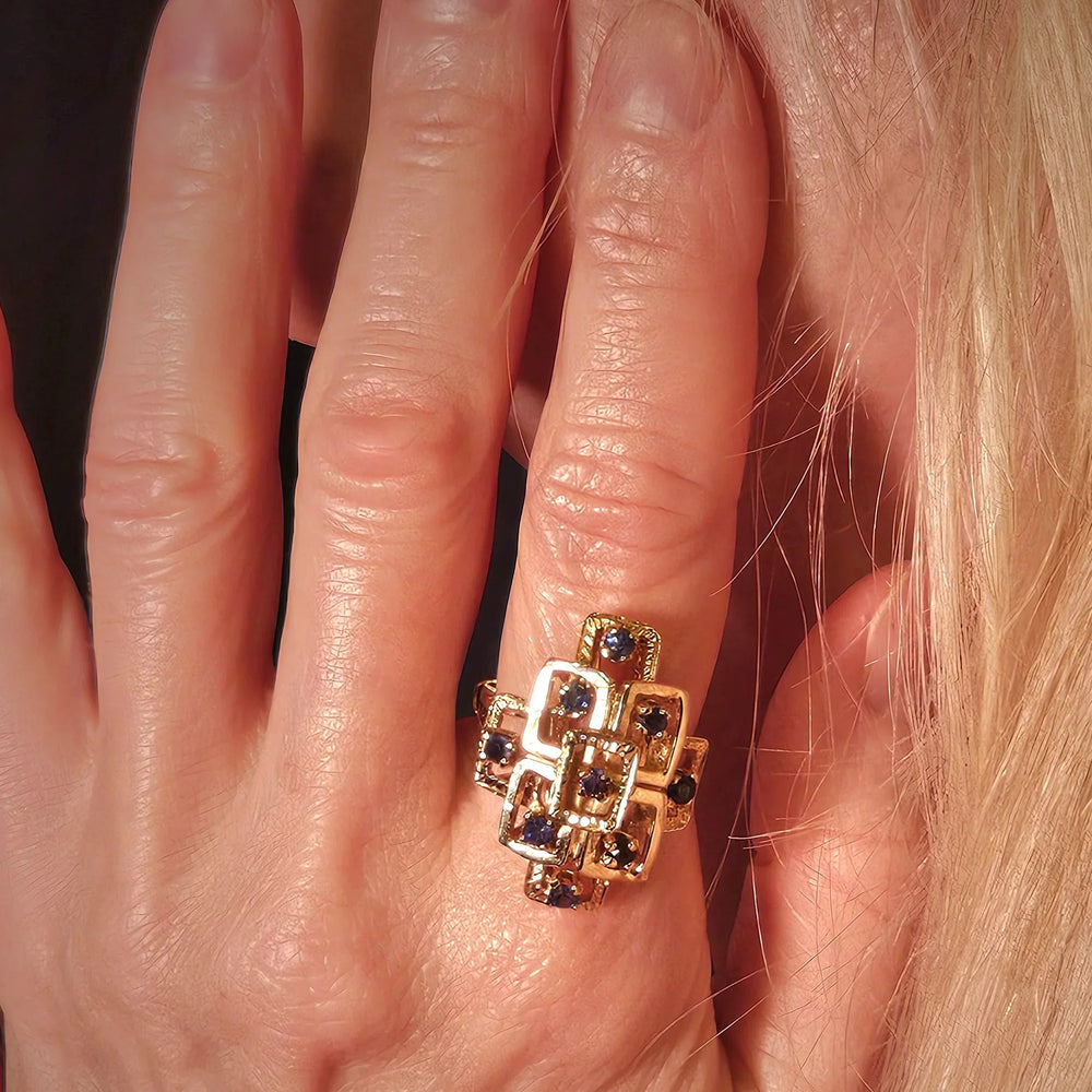Gold and Blue Sapphire Open Work Statement Ring - Estate Jewelry Priced Right