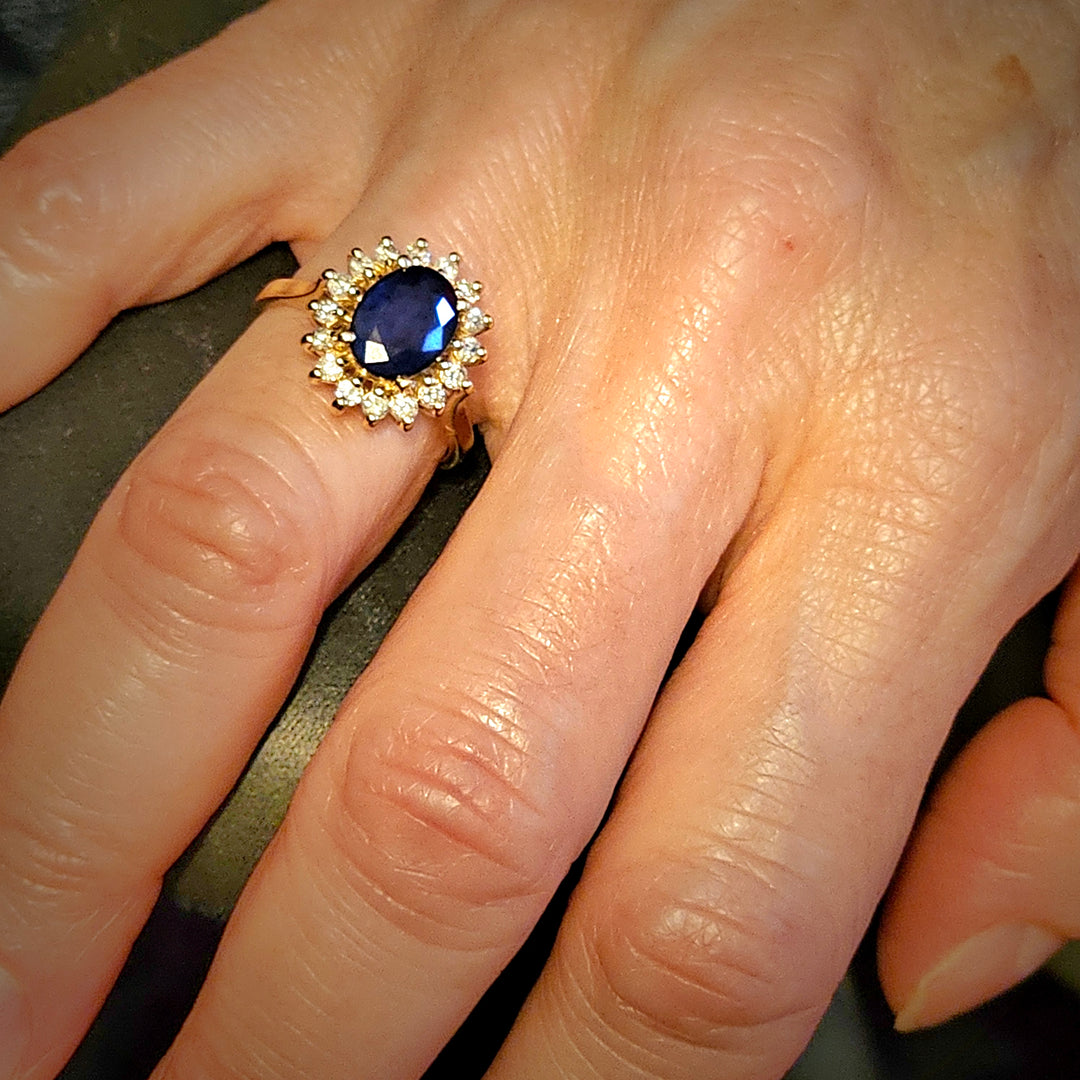 14K Gold, Diamond, Blue Sapphire Ring and Necklace Set