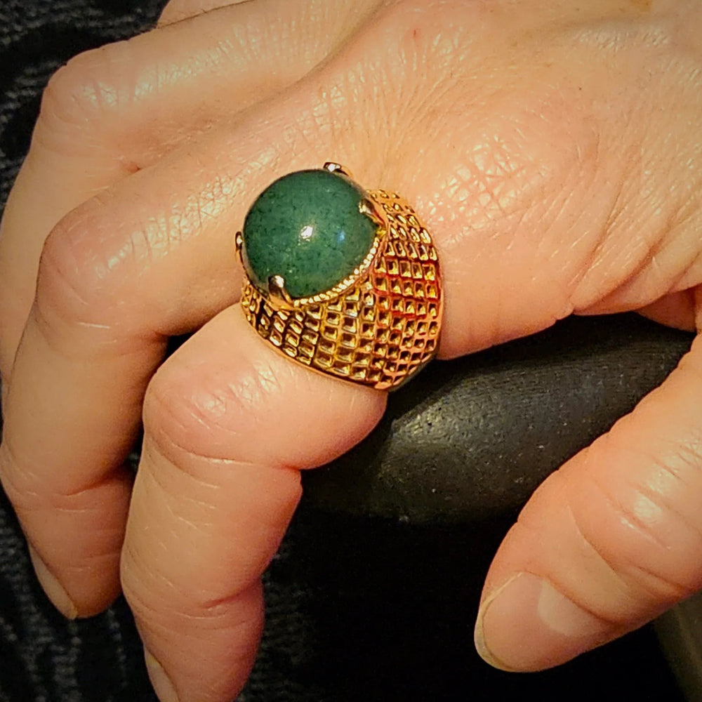 Gold and Green Cabochon Jade Cocktail Ring - Estate Jewelry Priced Right