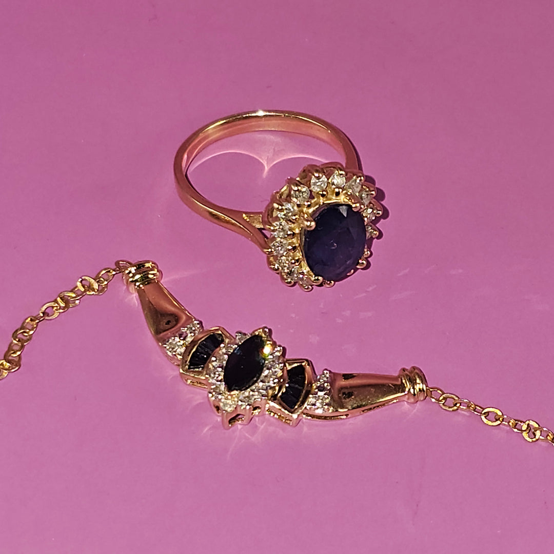 14K Gold, Diamond, Blue Sapphire Ring and Necklace Set