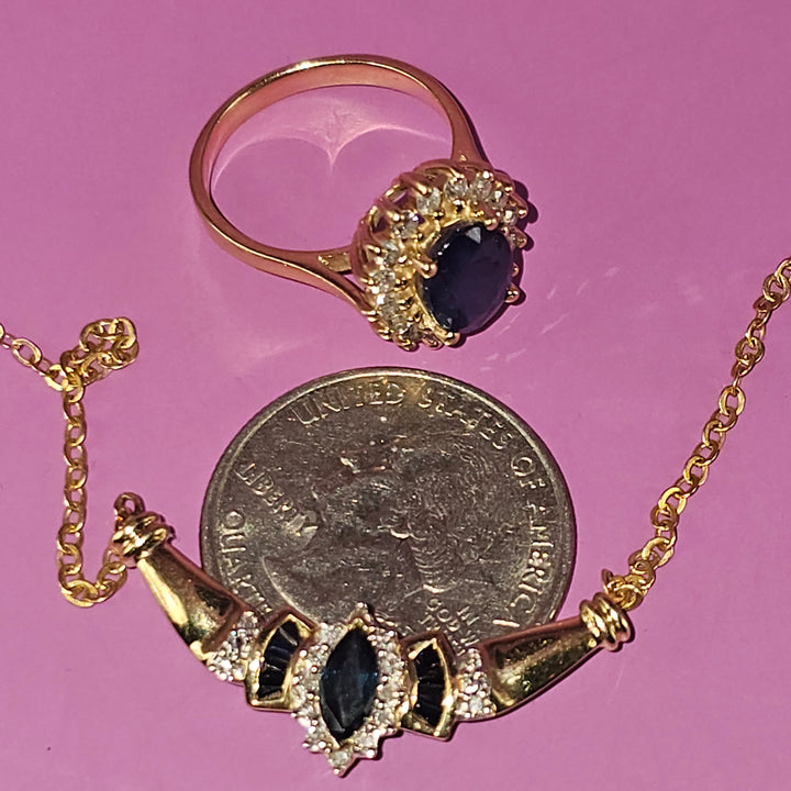 14K Gold, Diamond, Blue Sapphire Ring and Necklace Set