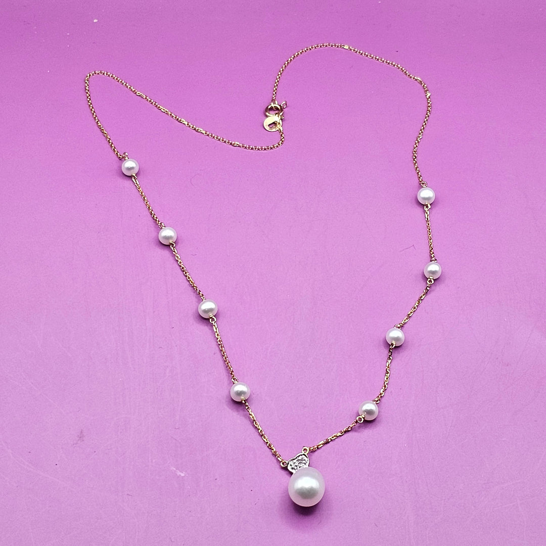 14K Gold, 8 Station Fresh Water Pearl Necklace