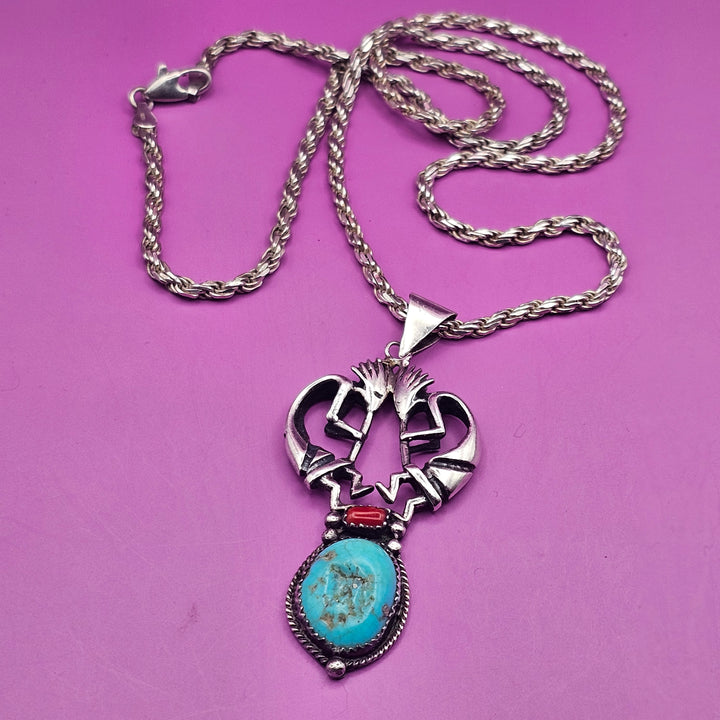 Double Kokopelli, Turquoise & Coral Sterling Necklace