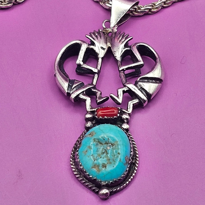 Double Kokopelli, Turquoise & Coral Sterling Necklace
