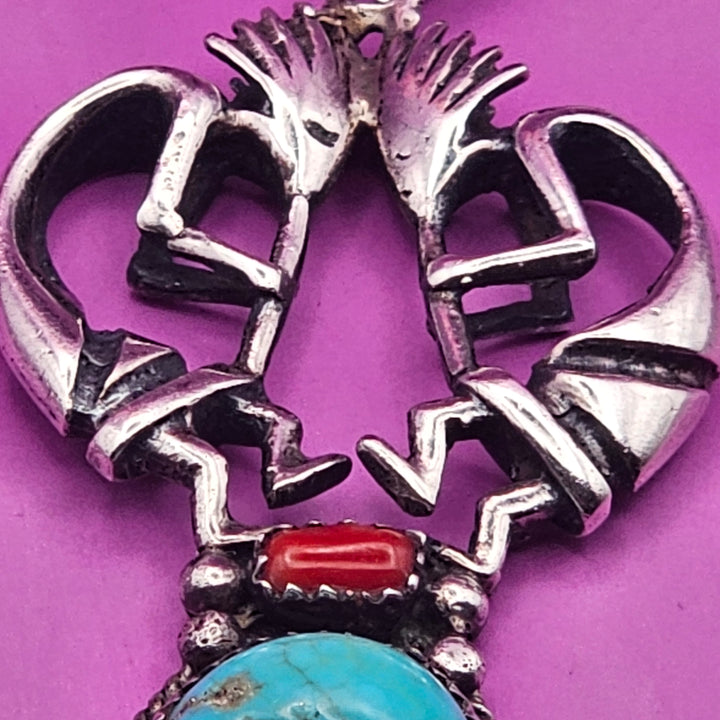 Double Kokopelli, Turquoise & Coral Sterling Necklace