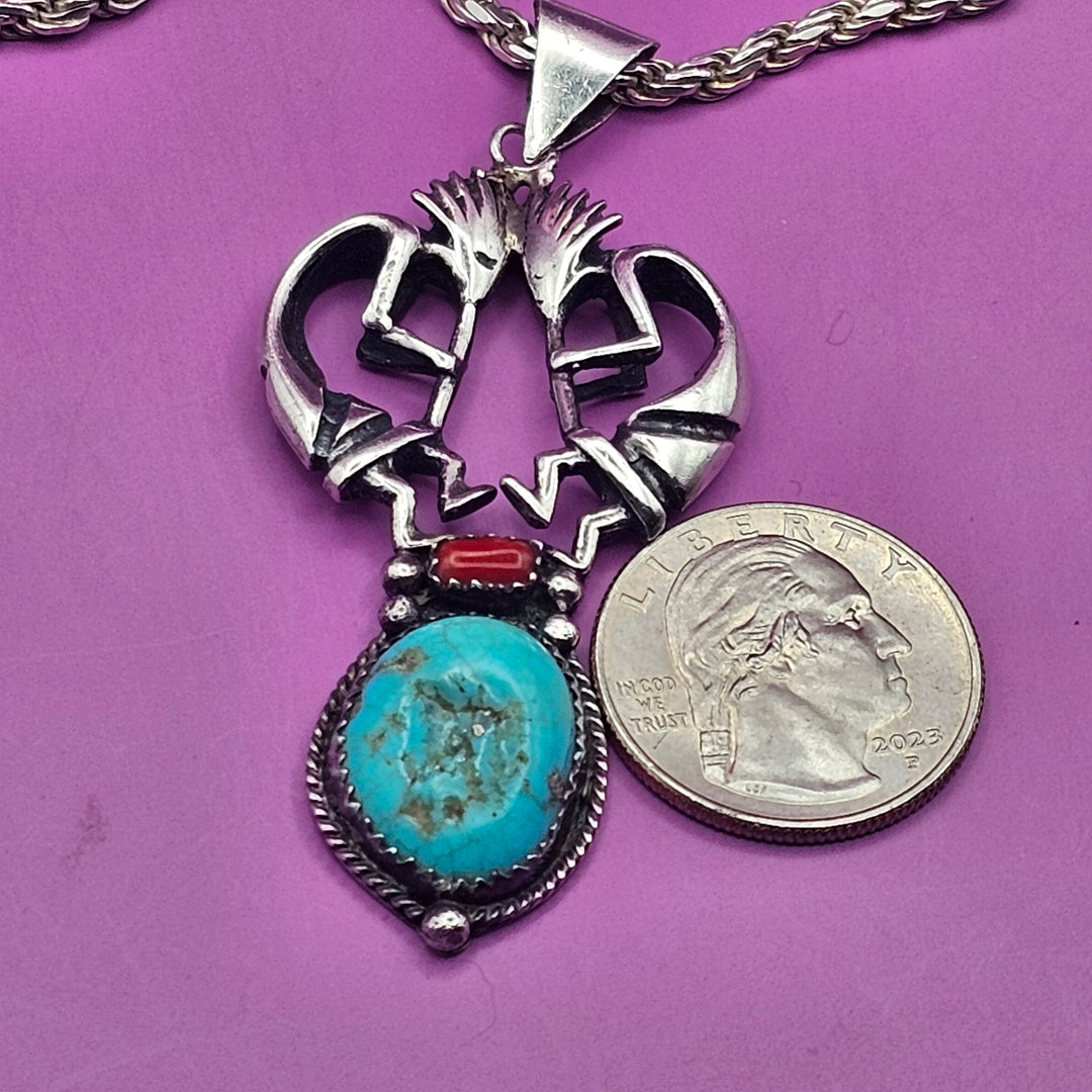Double Kokopelli, Turquoise & Coral Sterling Necklace
