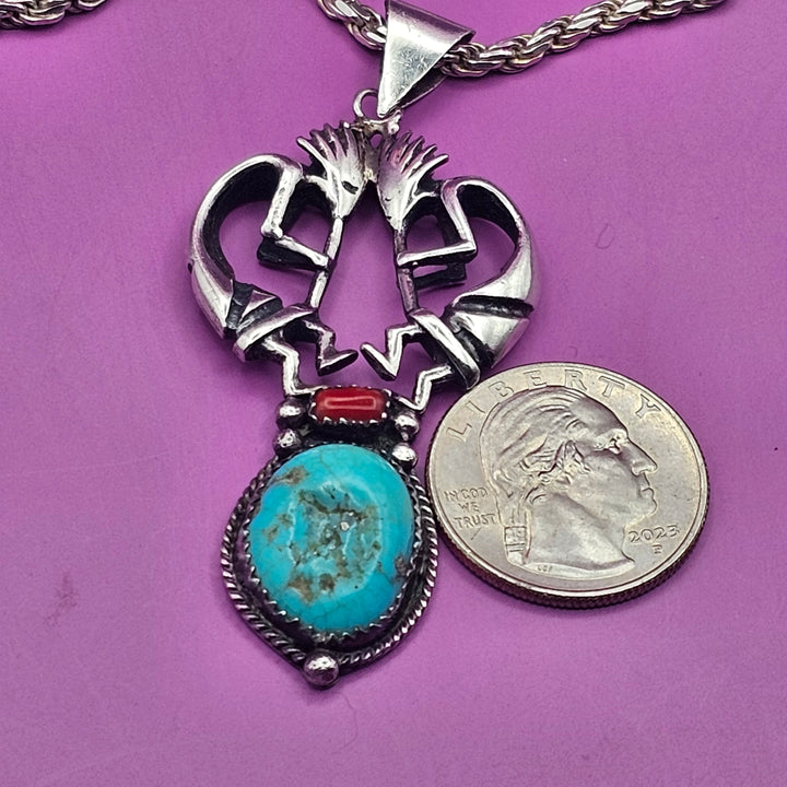 Double Kokopelli, Turquoise & Coral Sterling Necklace
