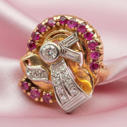1940s Gold, Diamond, and Ruby Tank Ring - Estate Jewelry Priced Right