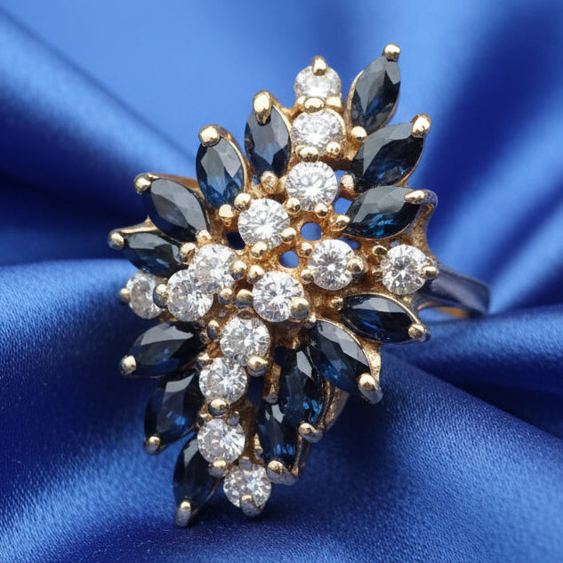 Gold, Diamond and Blue Sapphire Waterfall Ring - Estate Jewelry Priced Right