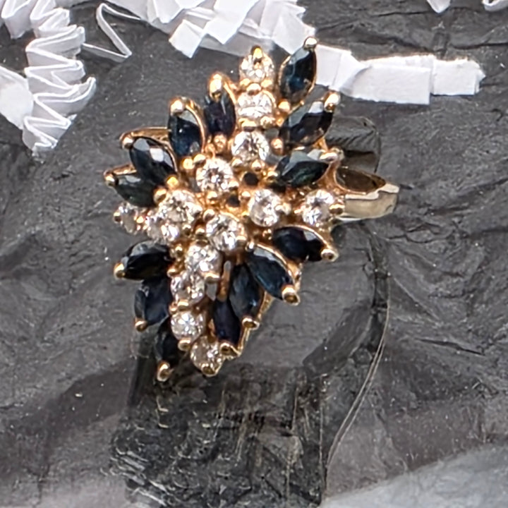 Gold, Diamond and Blue Sapphire Waterfall Ring