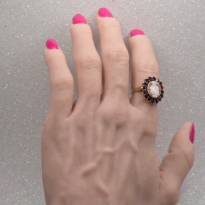 Carved Conch Shell Cameo & Ruby Gold Ring