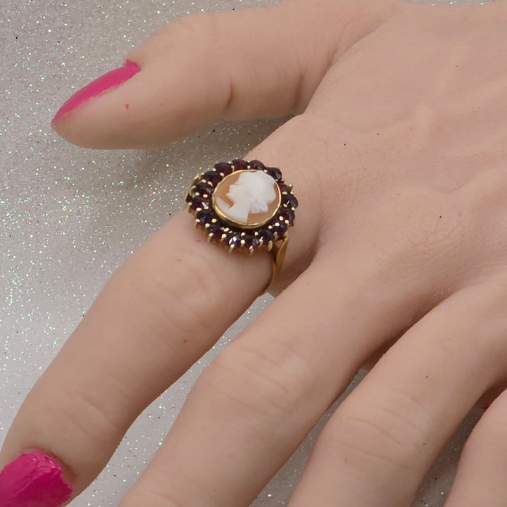 Carved Conch Shell Cameo & Ruby Gold Ring