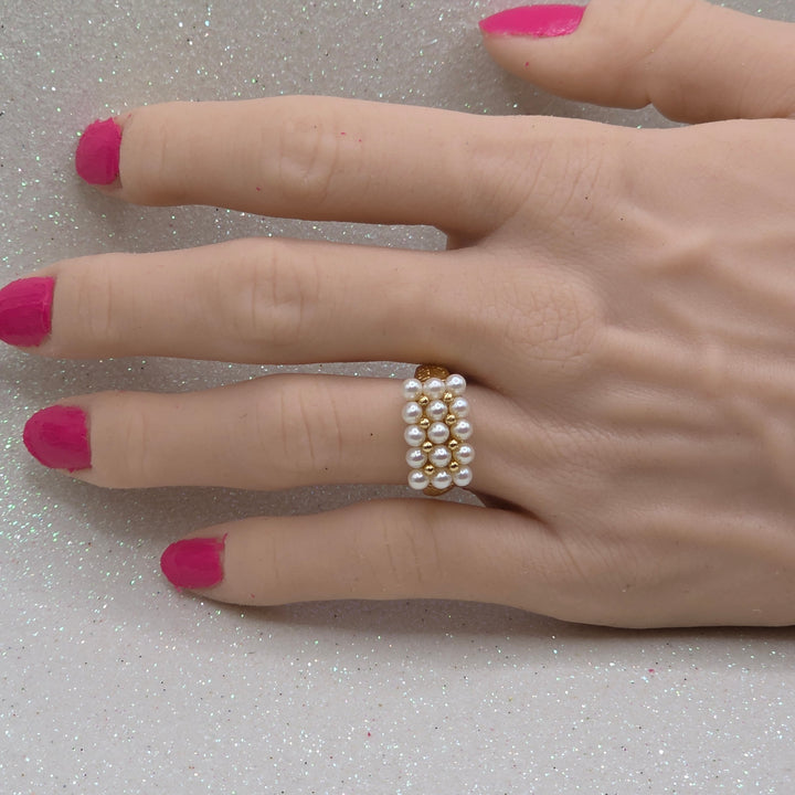 Gold & Neat Row Pearl Statement Ring