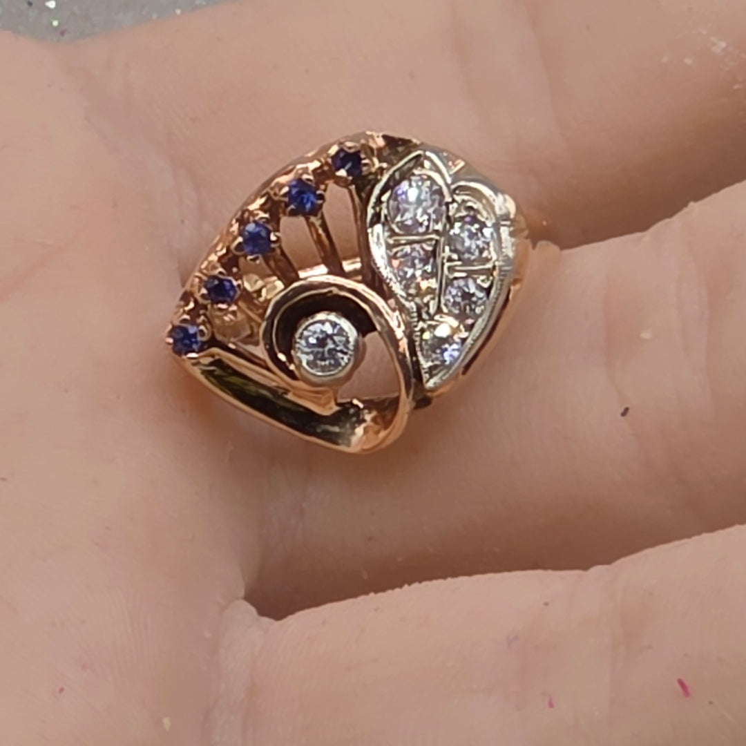 Gold, Diamond and Blue Sapphire Radiant Ring