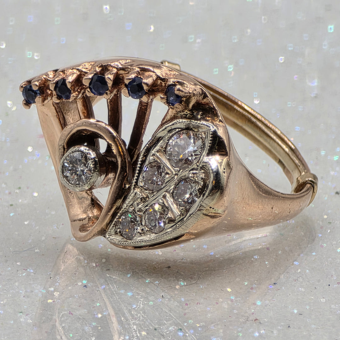 Gold, Diamond and Blue Sapphire Radiant Ring