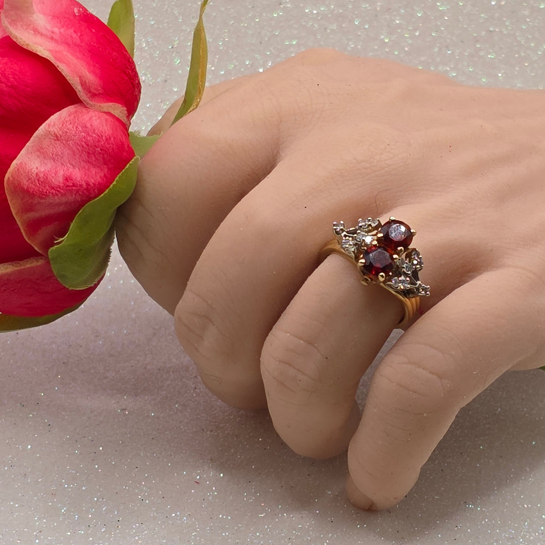 Gold, Garnet & Diamond Flower Ring