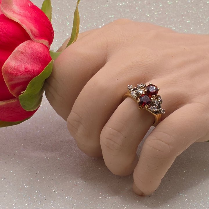 Gold, Garnet & Diamond Flower Ring