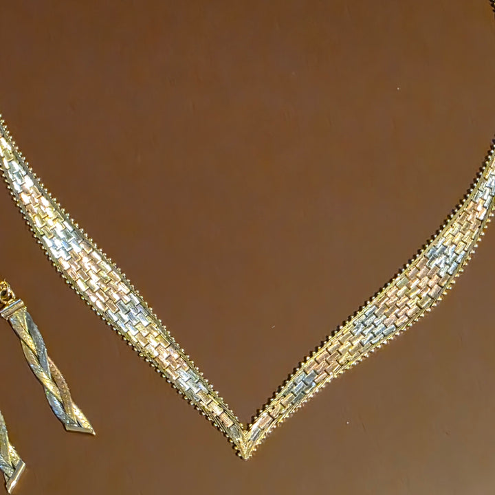 Tri-Color Gold Running Bond Omega Necklace & Earrings Set