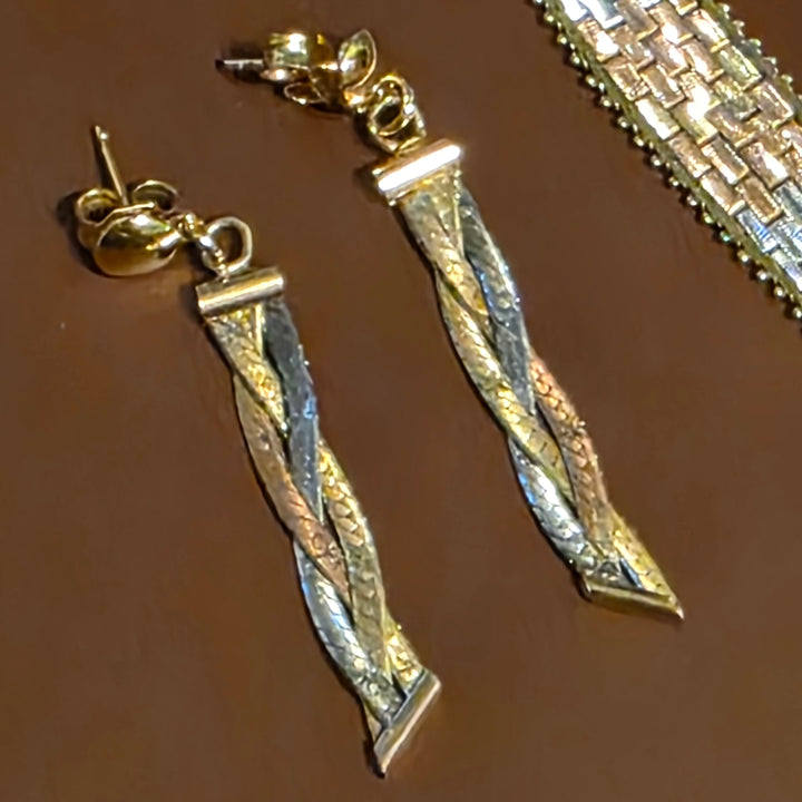 Tri-Color Gold Running Bond Omega Necklace & Earrings Set