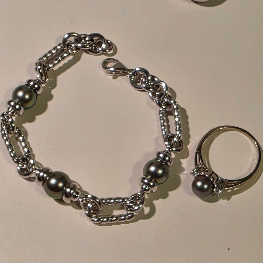 Gold, Grey Pearl & Diamond Necklace, Bracelet, Earrings, Ring Set