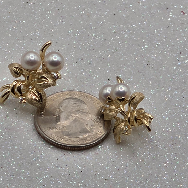 Gold, Diamond & Pearl Flower Earrings
