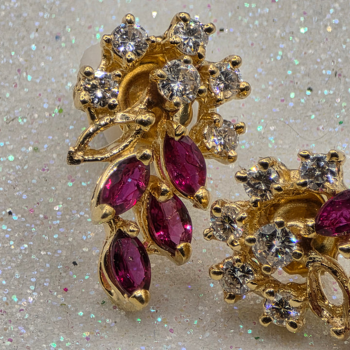 Gold, Ruby & Diamond Raining Floral Earrings