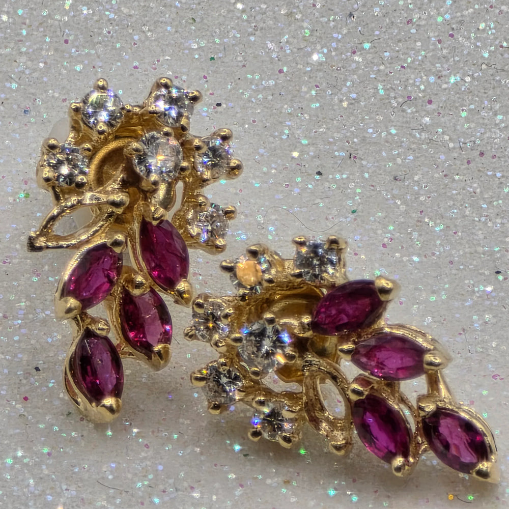 Gold, Ruby & Diamond Raining Floral Earrings - Estate Jewelry Priced Right