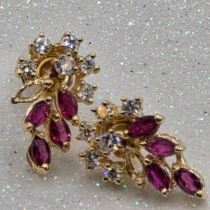 Gold, Ruby & Diamond Raining Floral Earrings