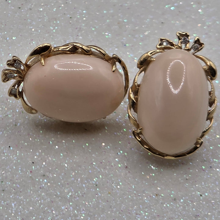 Gold, Diamond & Large Pink Coral Victorian Earrings