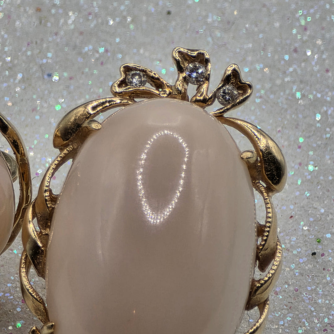 Gold, Diamond & Large Pink Coral Victorian Earrings