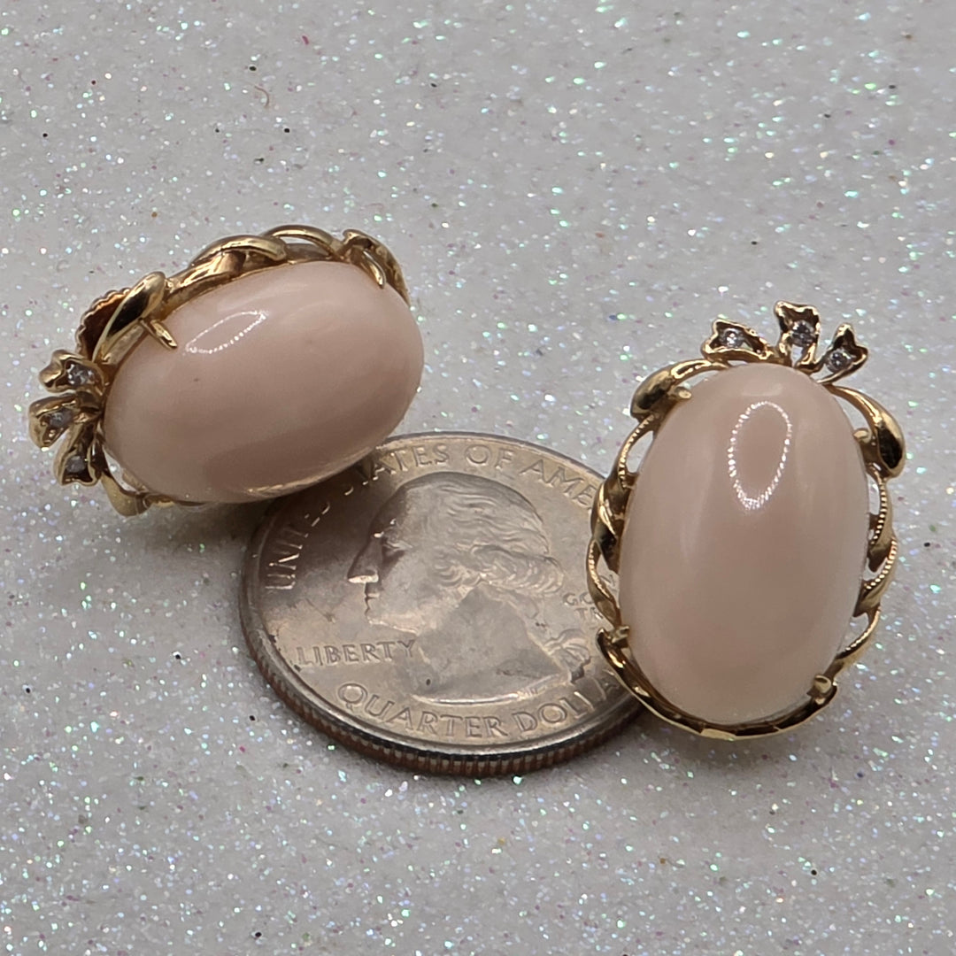 Gold, Diamond & Large Pink Coral Victorian Earrings