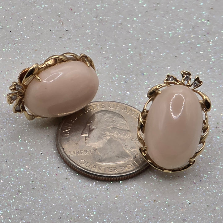 Gold, Diamond & Large Pink Coral Victorian Earrings