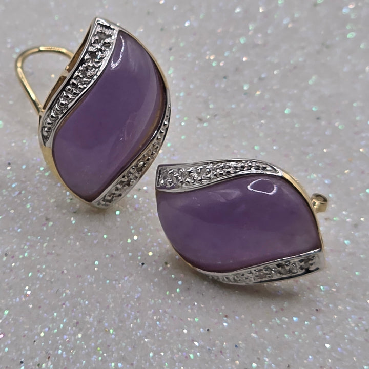 Gold, Diamond & Large Pink Cabochon Amethyst Earrings
