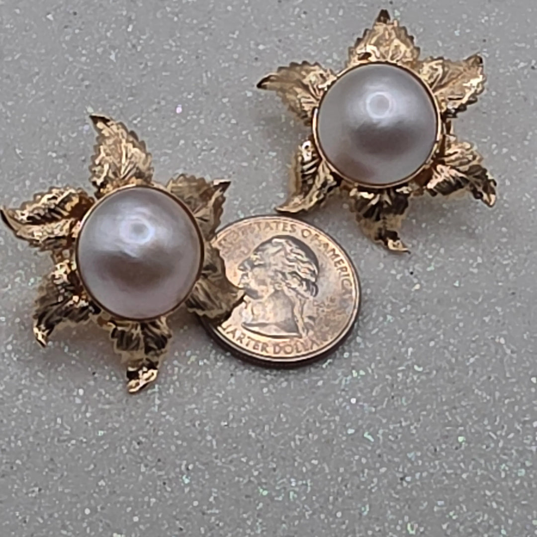 Large Gold & Mabe Pearl Flower Statement Earrings - Estate Jewelry Priced Right