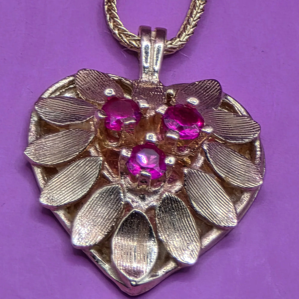 Gold & Ruby Floral Heart Necklace - Estate Jewelry Priced Right