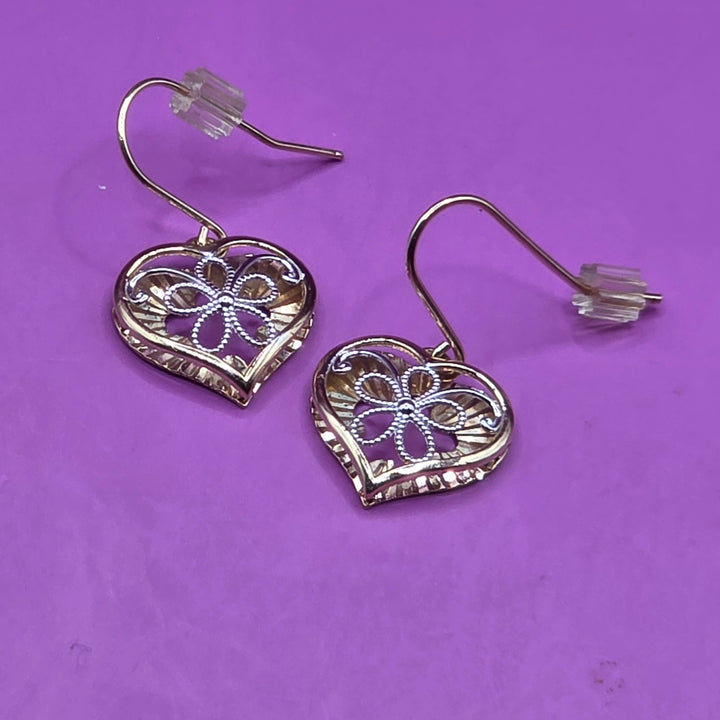 Gold Heart and Filigree Flower Dangle Earrings
