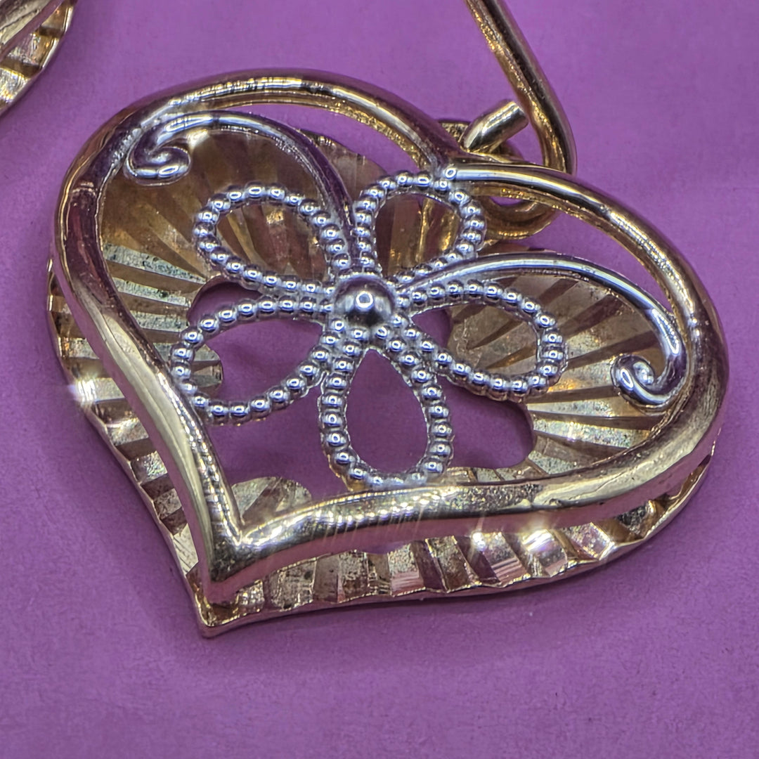 Gold Heart and Filigree Flower Dangle Earrings